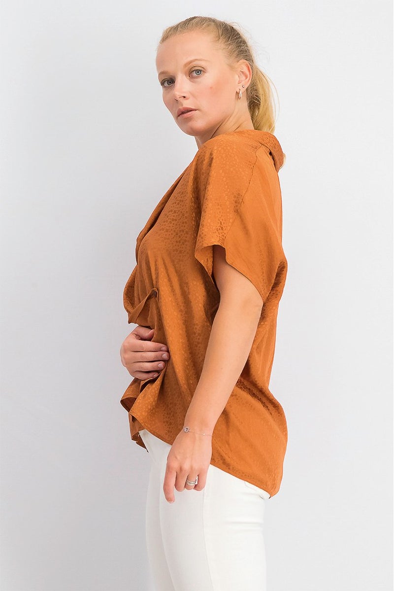 MANGO Women Draped Blouse, Caramel - Image 4